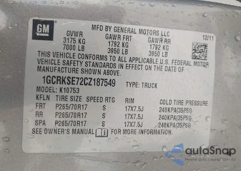 2012 Chevrolet Silverado 1500 Lt из США, поврежденный, VIN 1GCRKSE72CZ187549